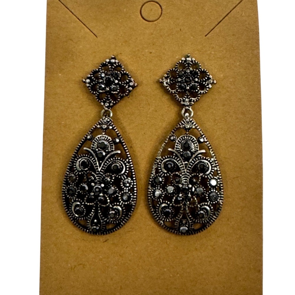 Silver Tone Black Rhinestone Filigree Teardrop Drop Earrings‎ Vintage Goth Y2K